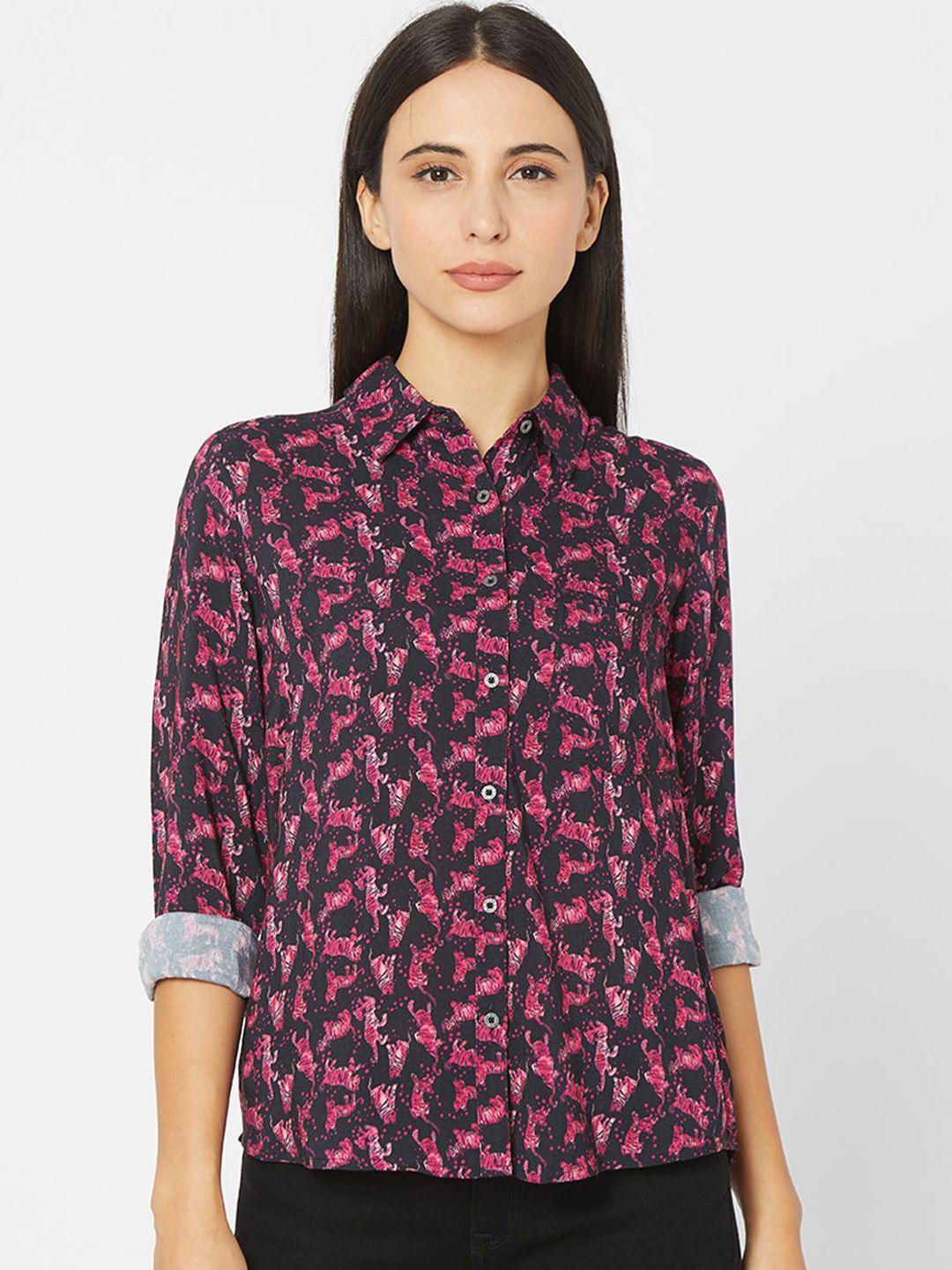 spykar women pink & black printed casual shirt