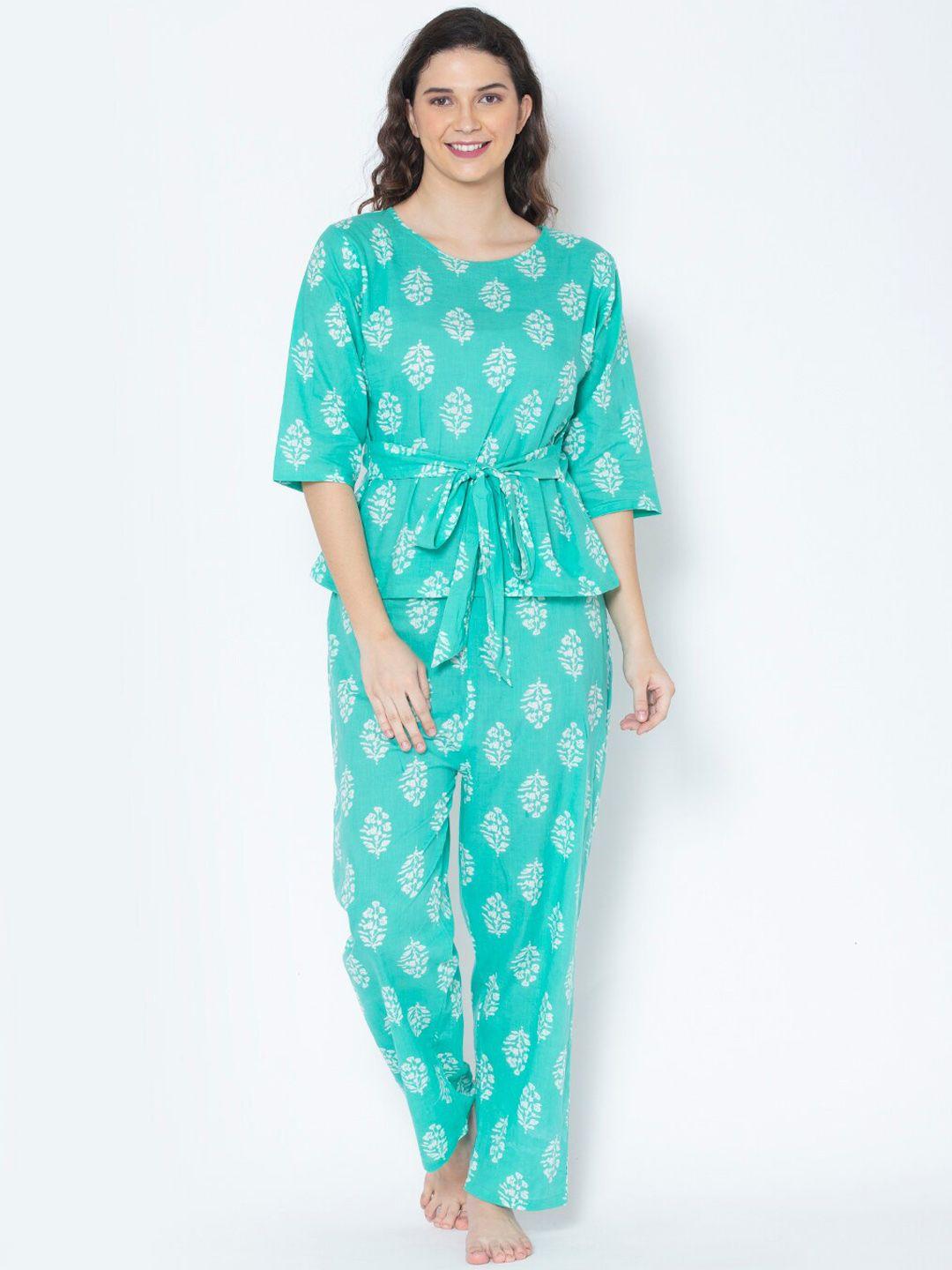 etc women sea green & white printed night suit