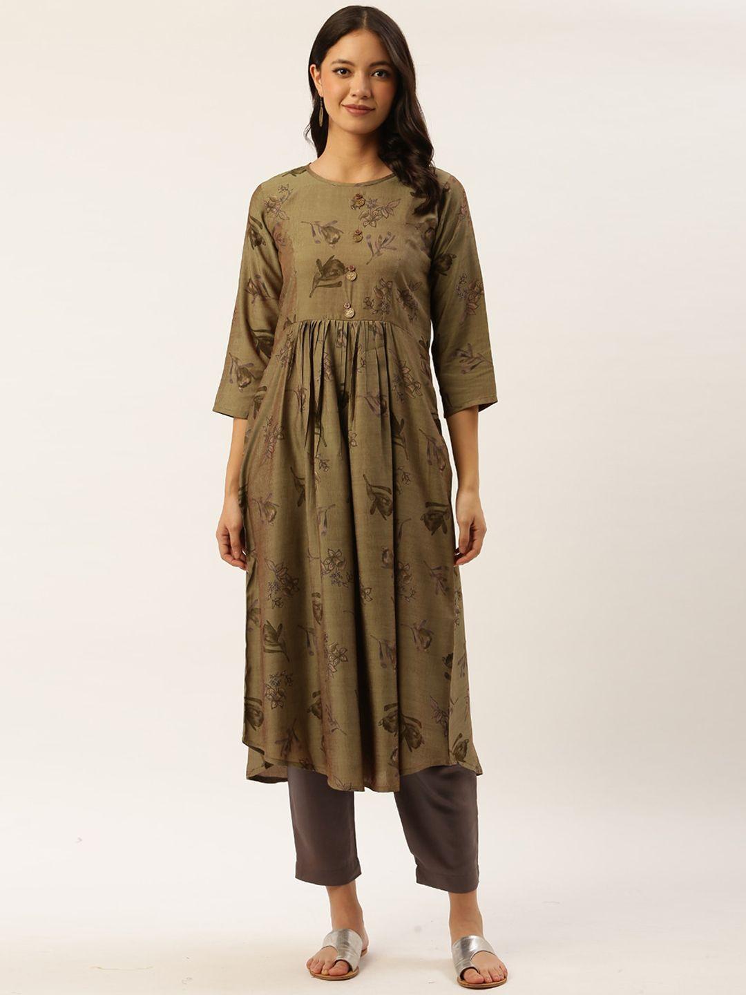 sangria women green geometric flared sleeves thread work kurta