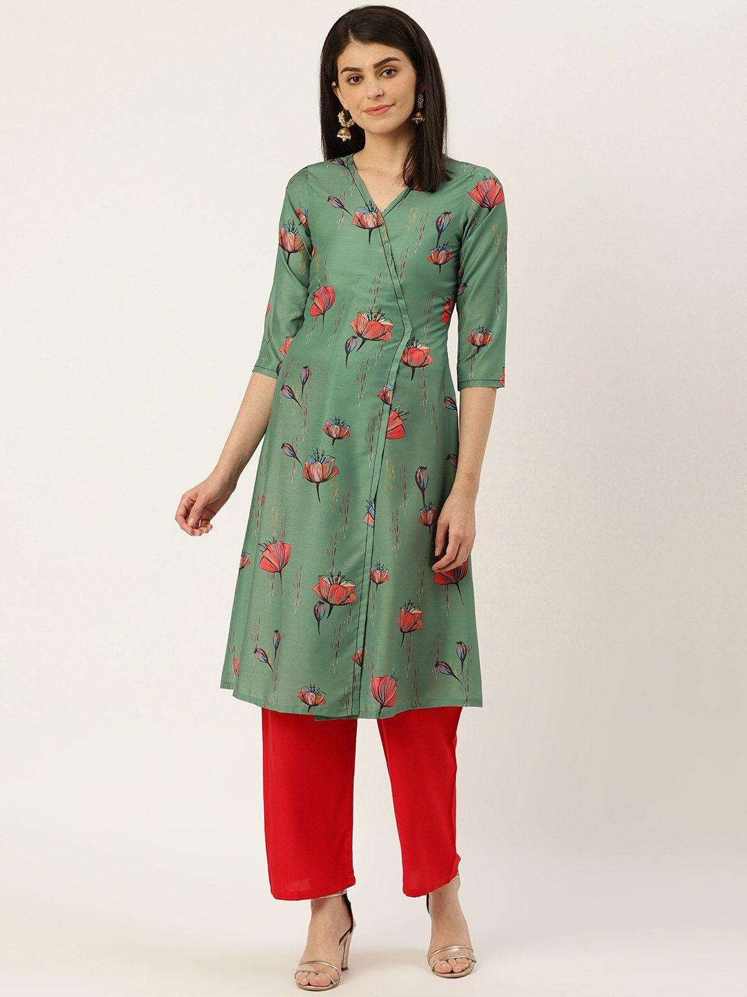 sangria women green floral angrakha kurta