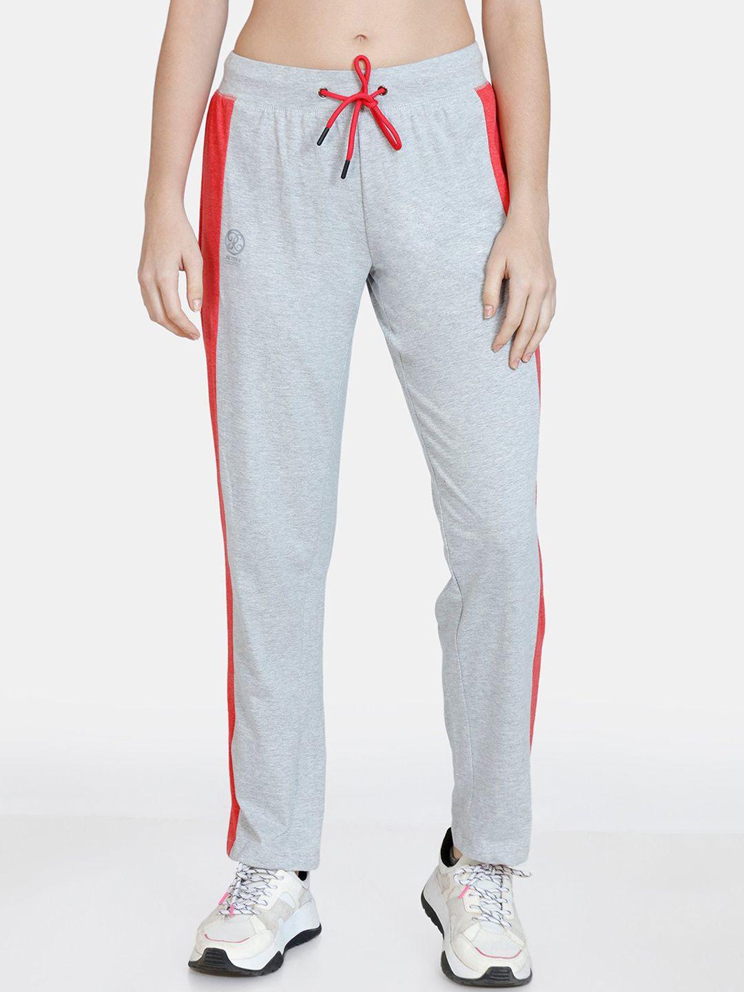 rosaline by zivame women grey melange & red colourblocked easy movement track pants