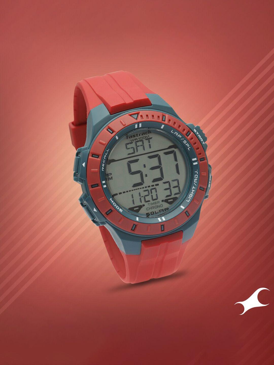 fastrack men grey dial & red straps digital watch