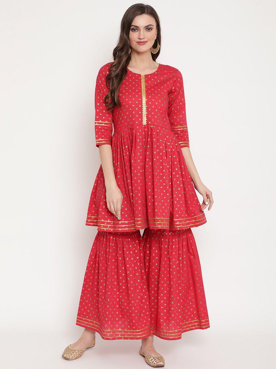 ahalyaa women red ethnic motifs printed empire gotta patti pure cotton kurta with sharara