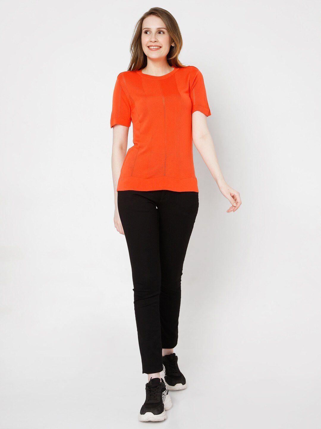 vero moda women orange solid roll-up sleeves top