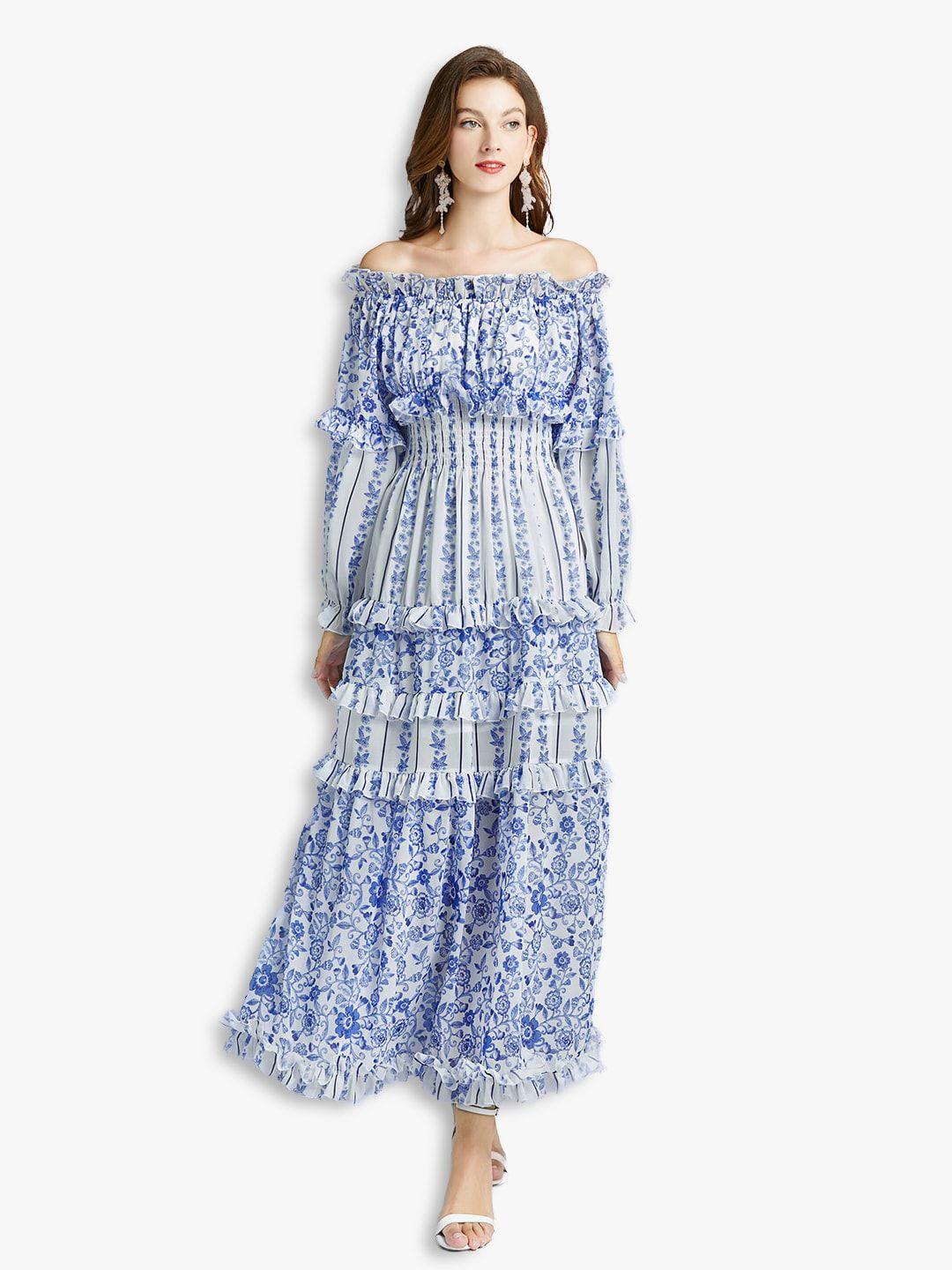 jc collection blue & white floral off-shoulder maxi dress