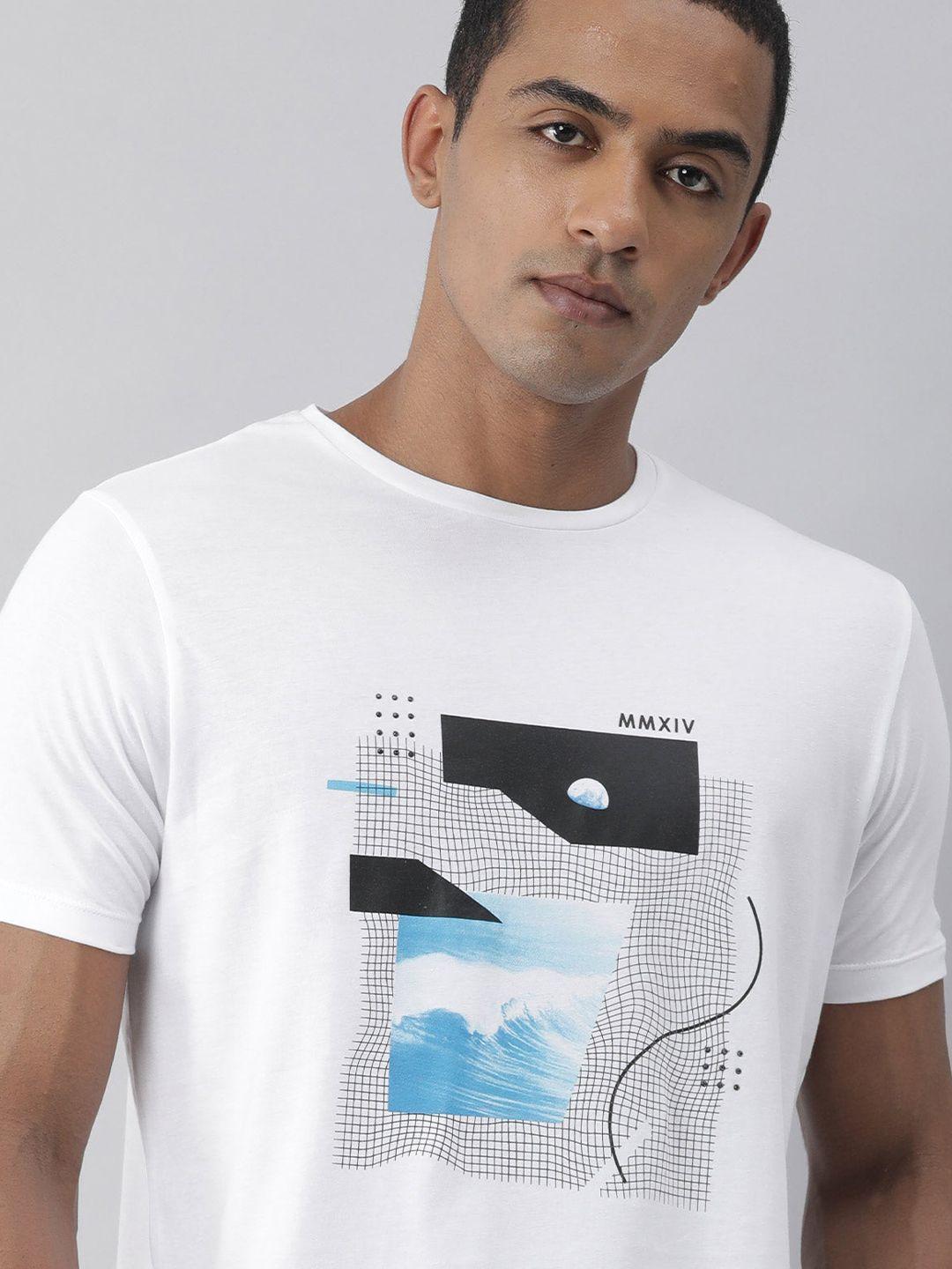 rare rabbit men white & black printed pure cotton slim fit t-shirt