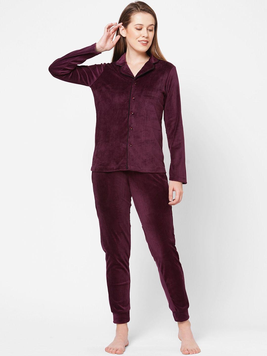 drape in vogue women burgundy velvet night suit