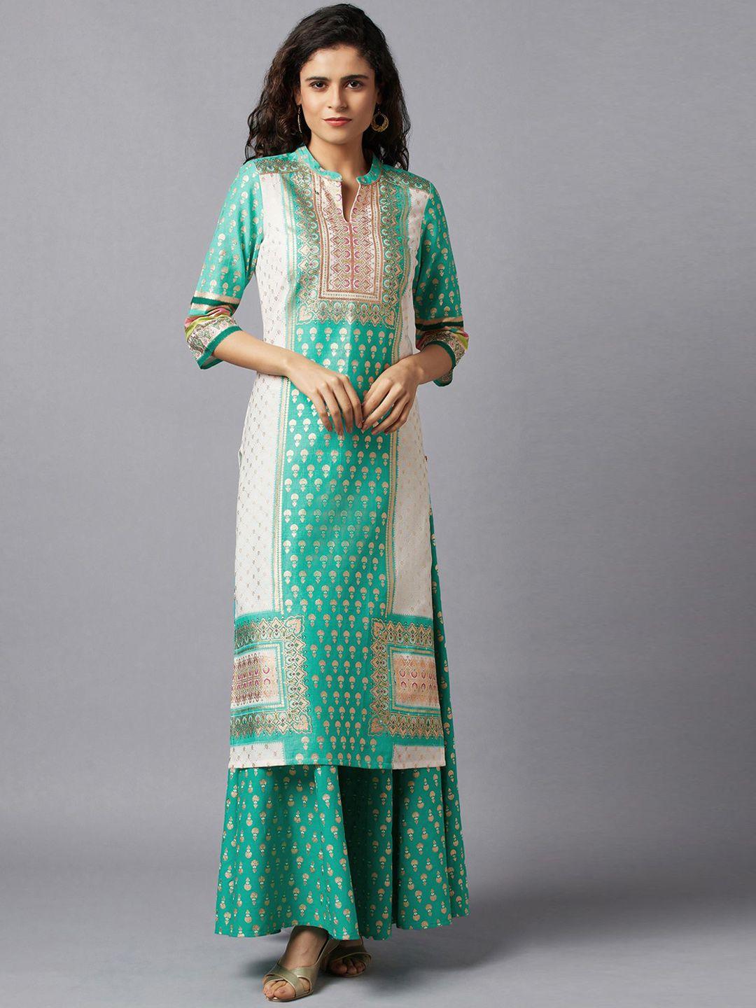 aurelia women cream-coloured & green floral printed kurta with palazzos