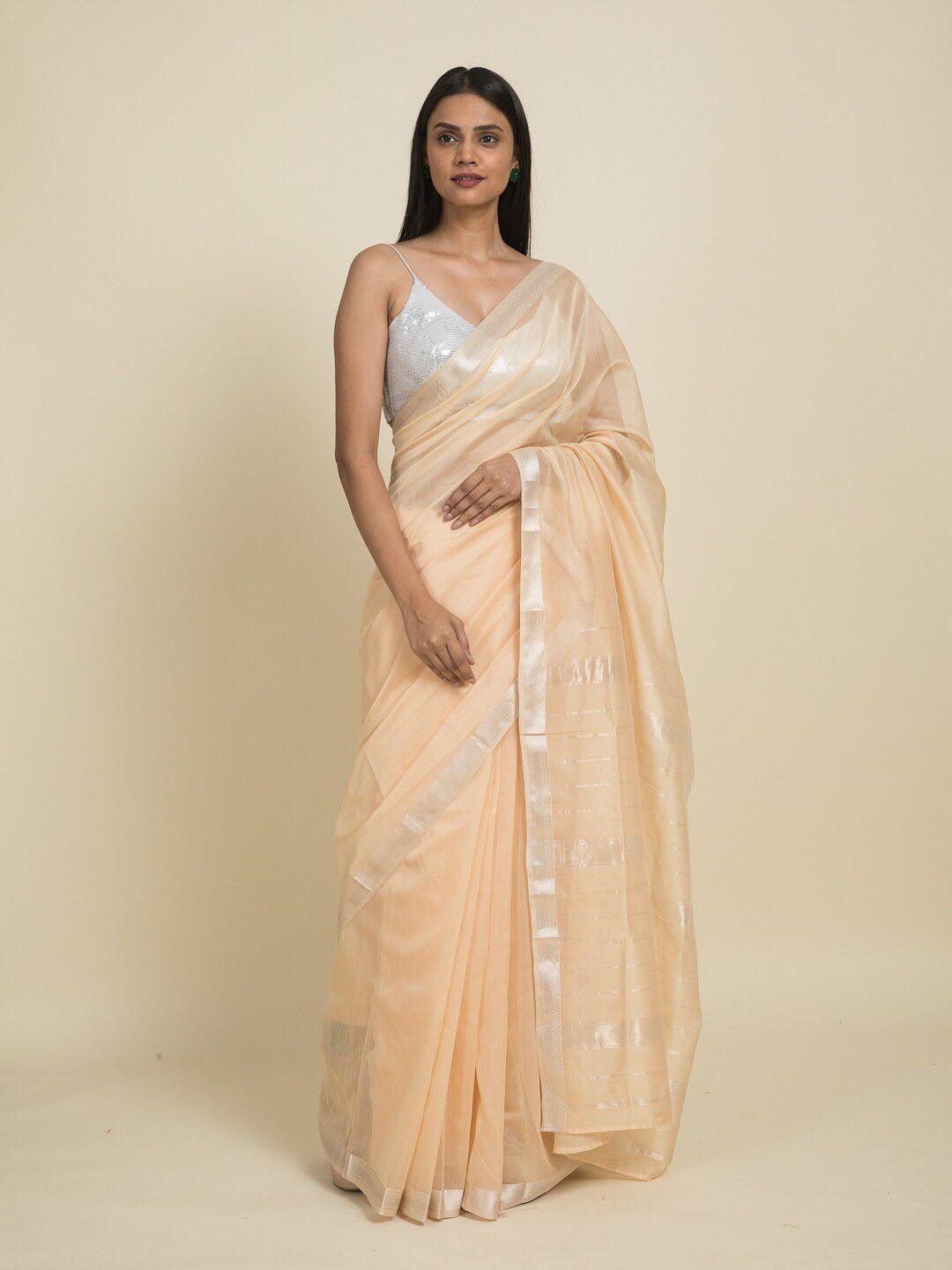 suta beige woven design cotton silk maheshwari saree