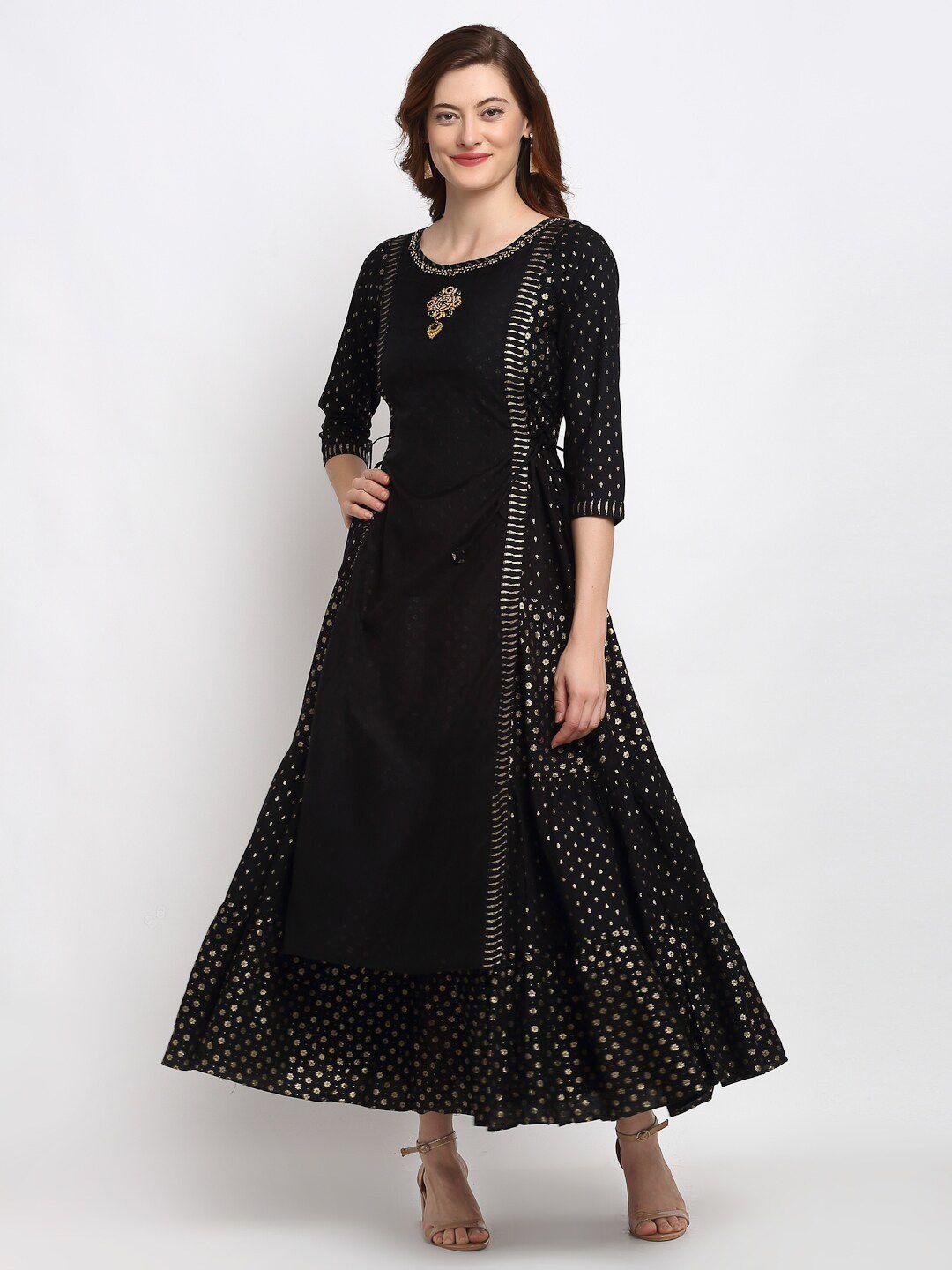 lovely lady black foil printed ethnic maxi dress