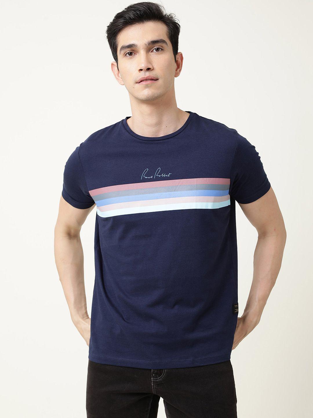 rare rabbit men navy blue printed pure cotton raw edge slim fit t-shirt