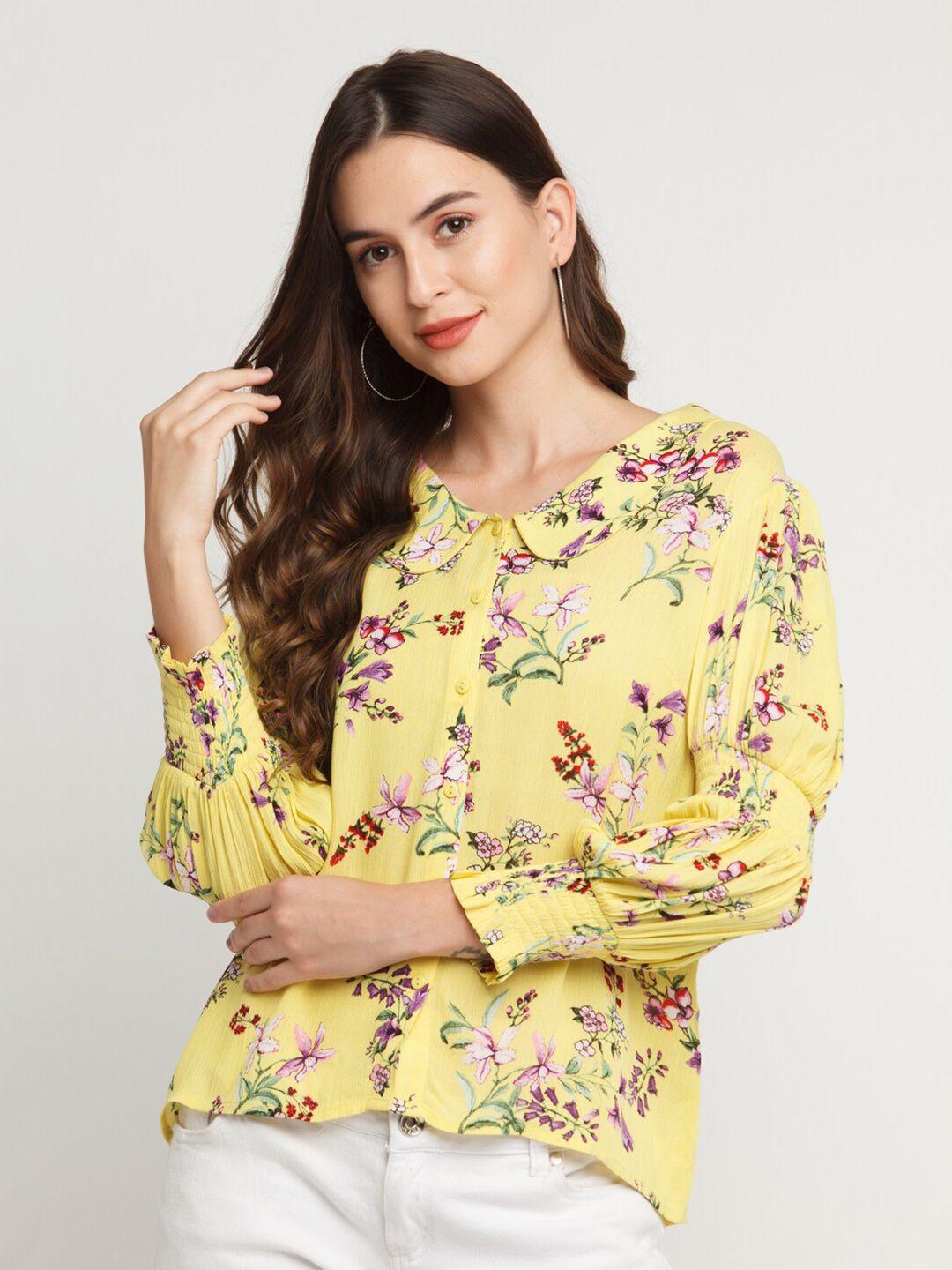 zink london women yellow slim fit floral printed casual shirt