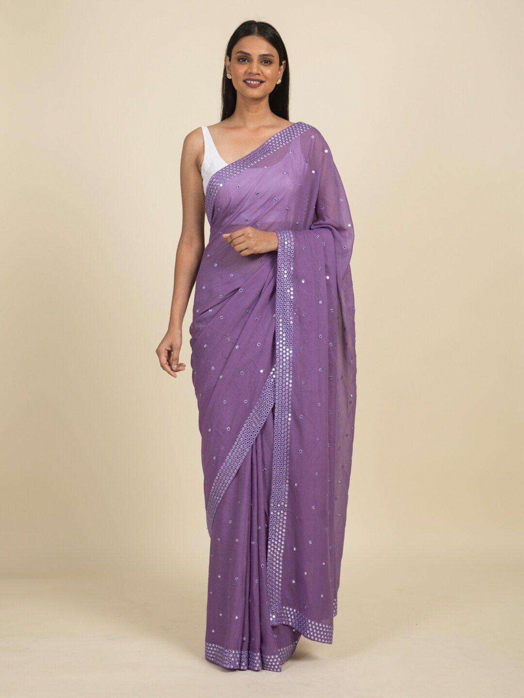 suta lavender embellished mirror work saree