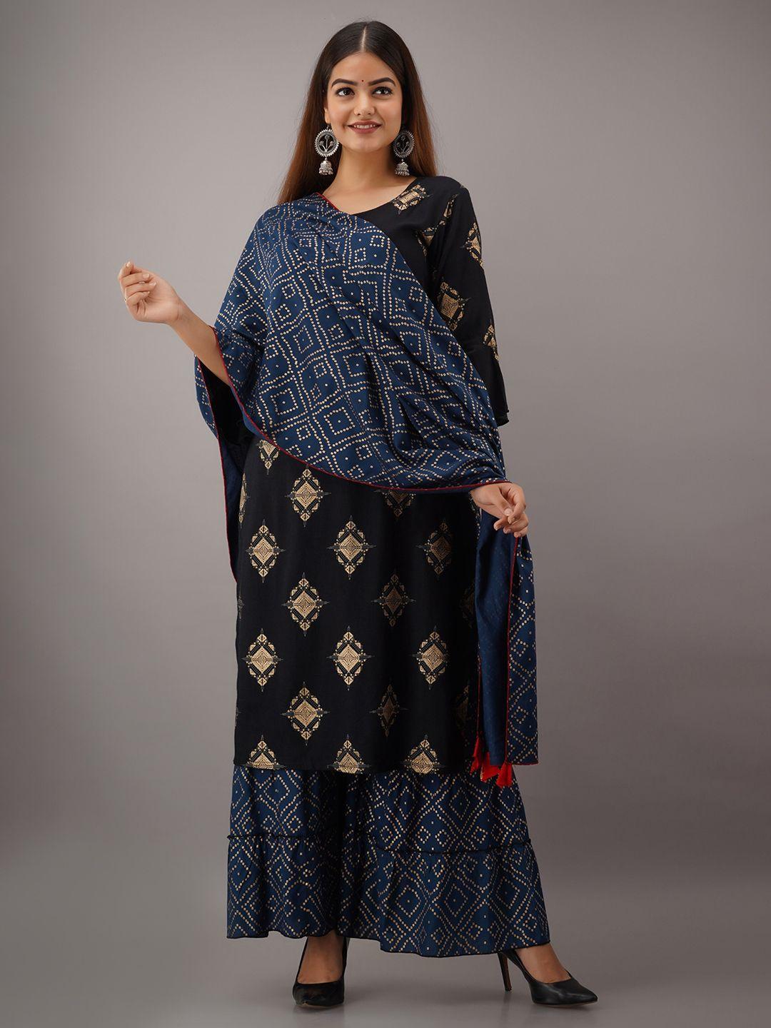 kalini women black ethnic motifs printed kurta with palazzos & with dupatta