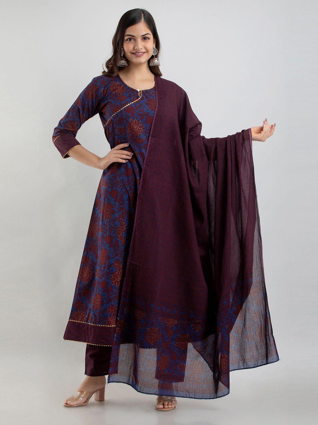 kalini women coffee brown ethnic motifs printed angrakha kurta with churidar & with dupatta