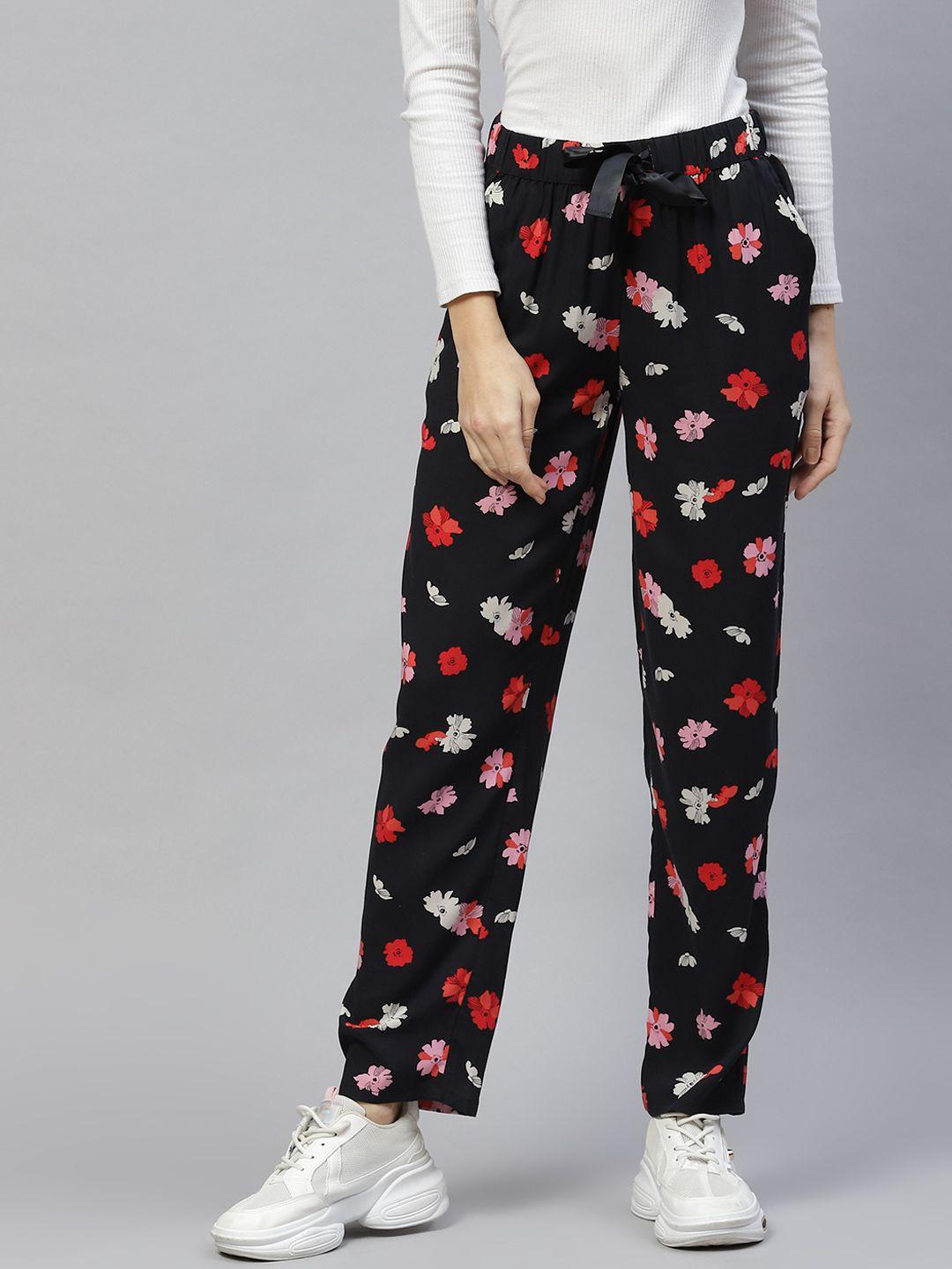 marks & spencer women black & red floral print track pants