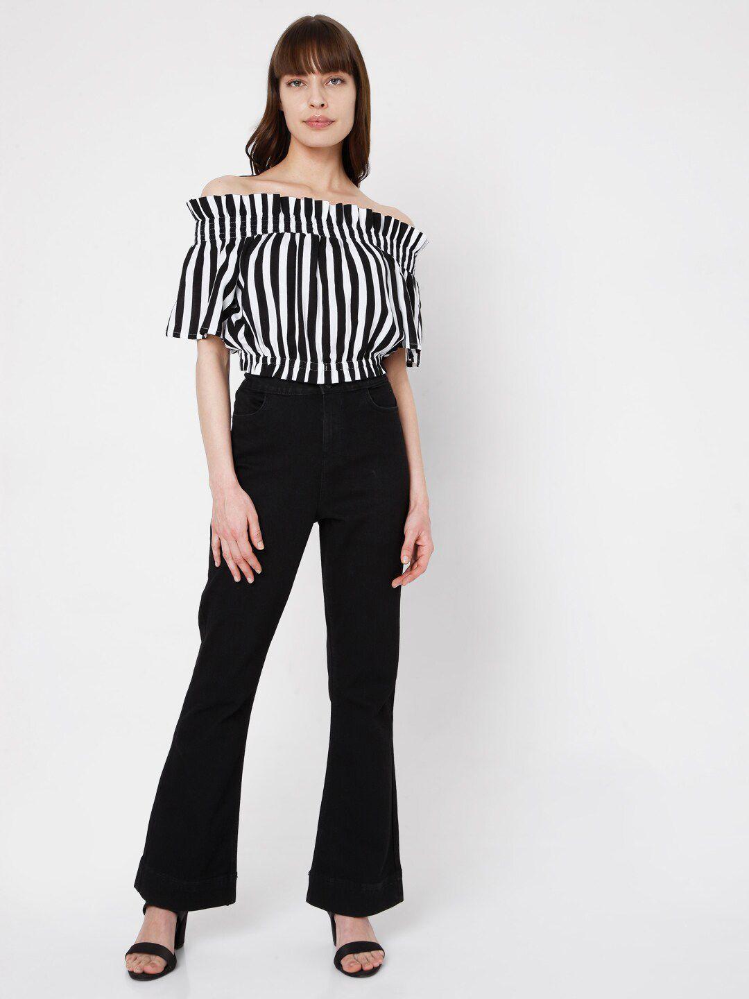 vero moda white & black striped off-shoulder bardot top