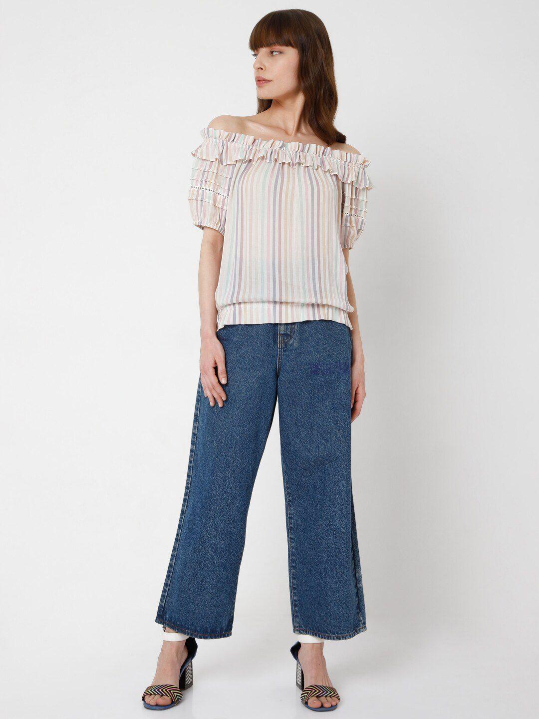 vero moda off white & purple striped off shoulder bardot top