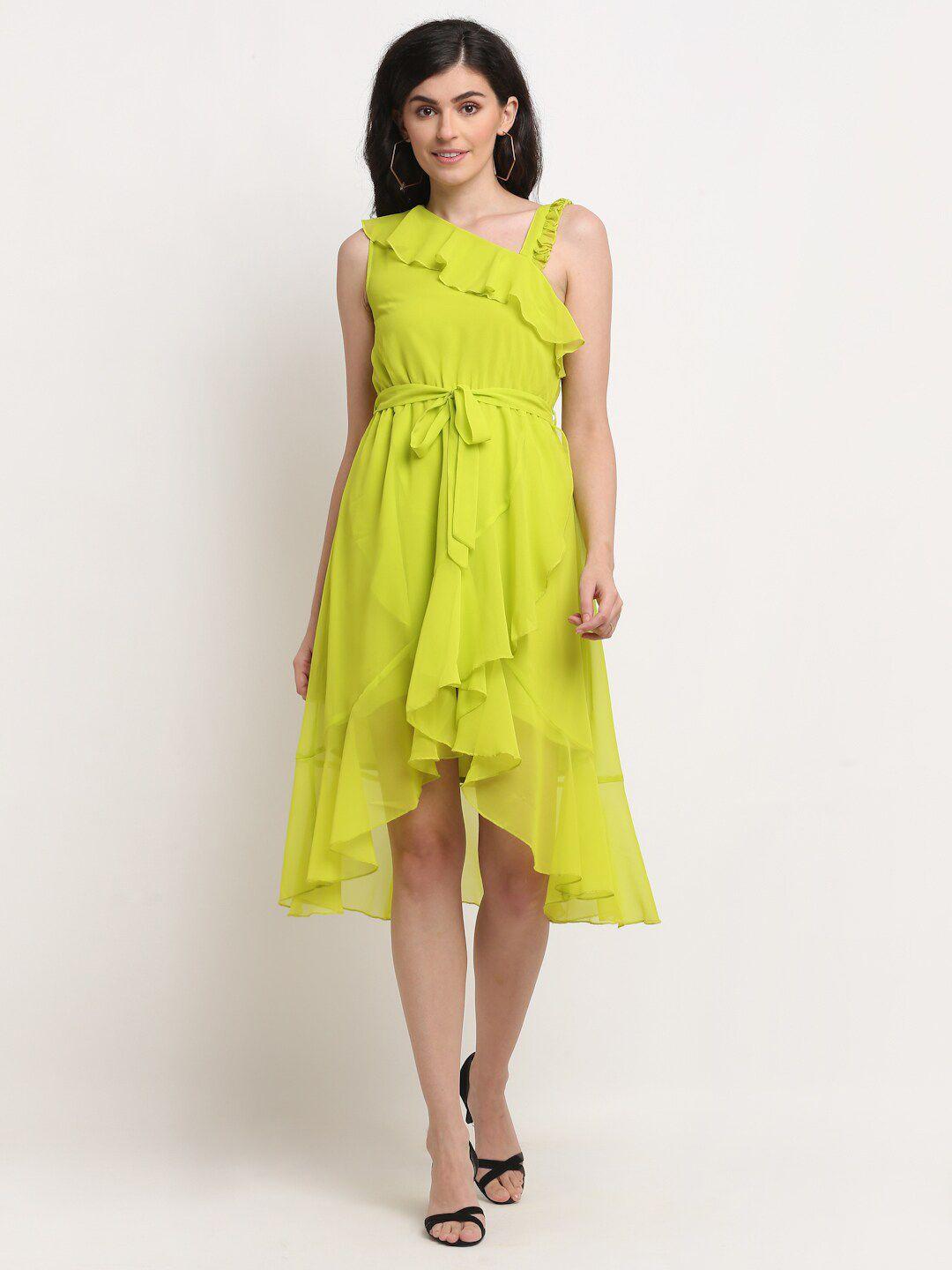 la zoire fluorescent green solid georgette assymetrical tulip hem dress