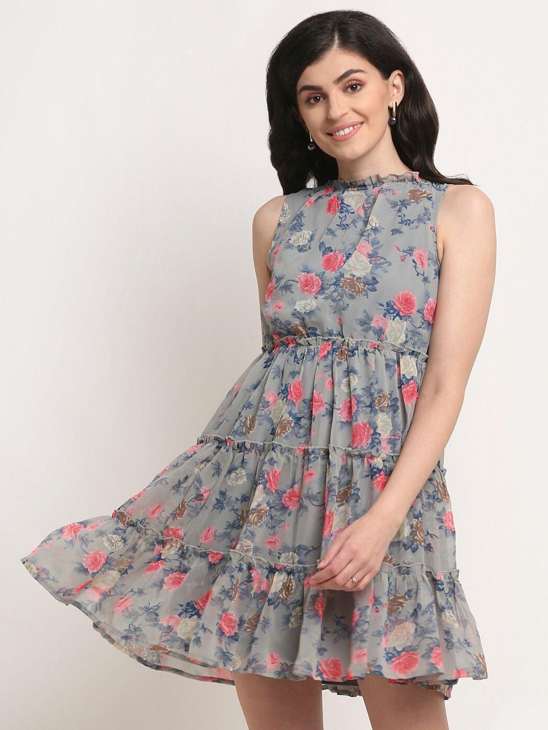 la zoire grey & pink floral layered georgette dress