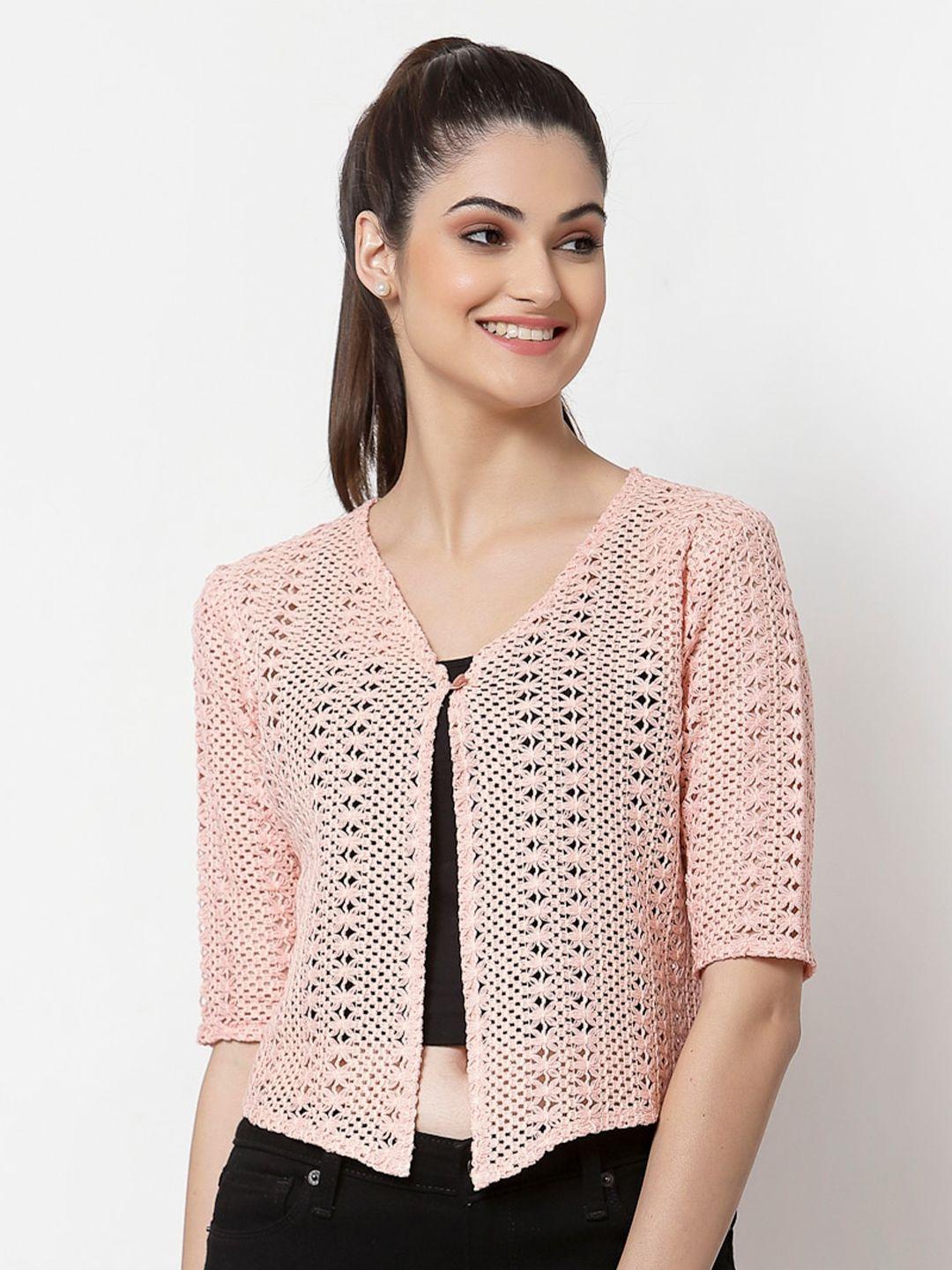 style quotient women peach-coloured self design button shrug