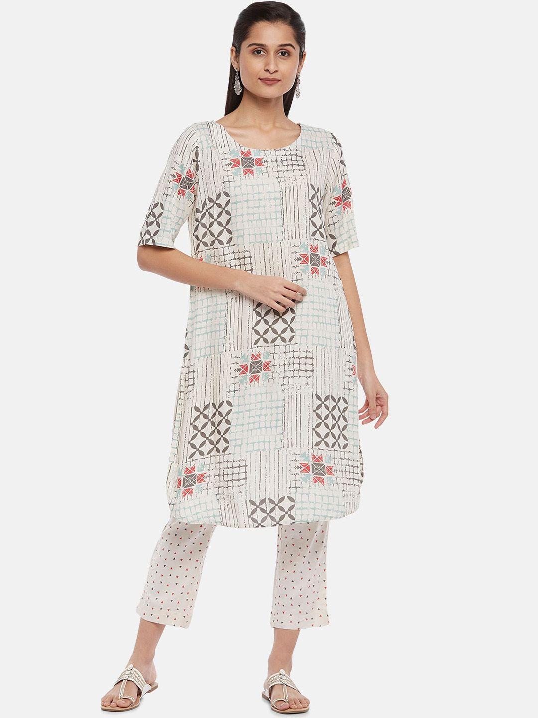 rangmanch by pantaloons women off-white printed kurta with trousers