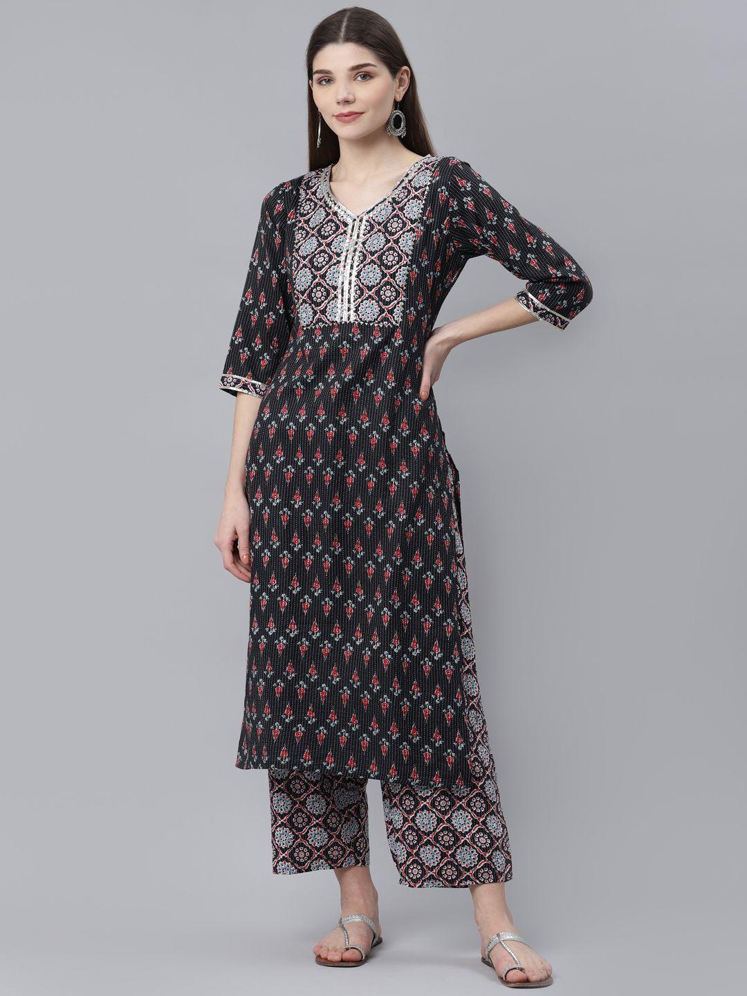 silver stock women black ethnic motifs printed gotta patti pure cotton kurta with palazzos