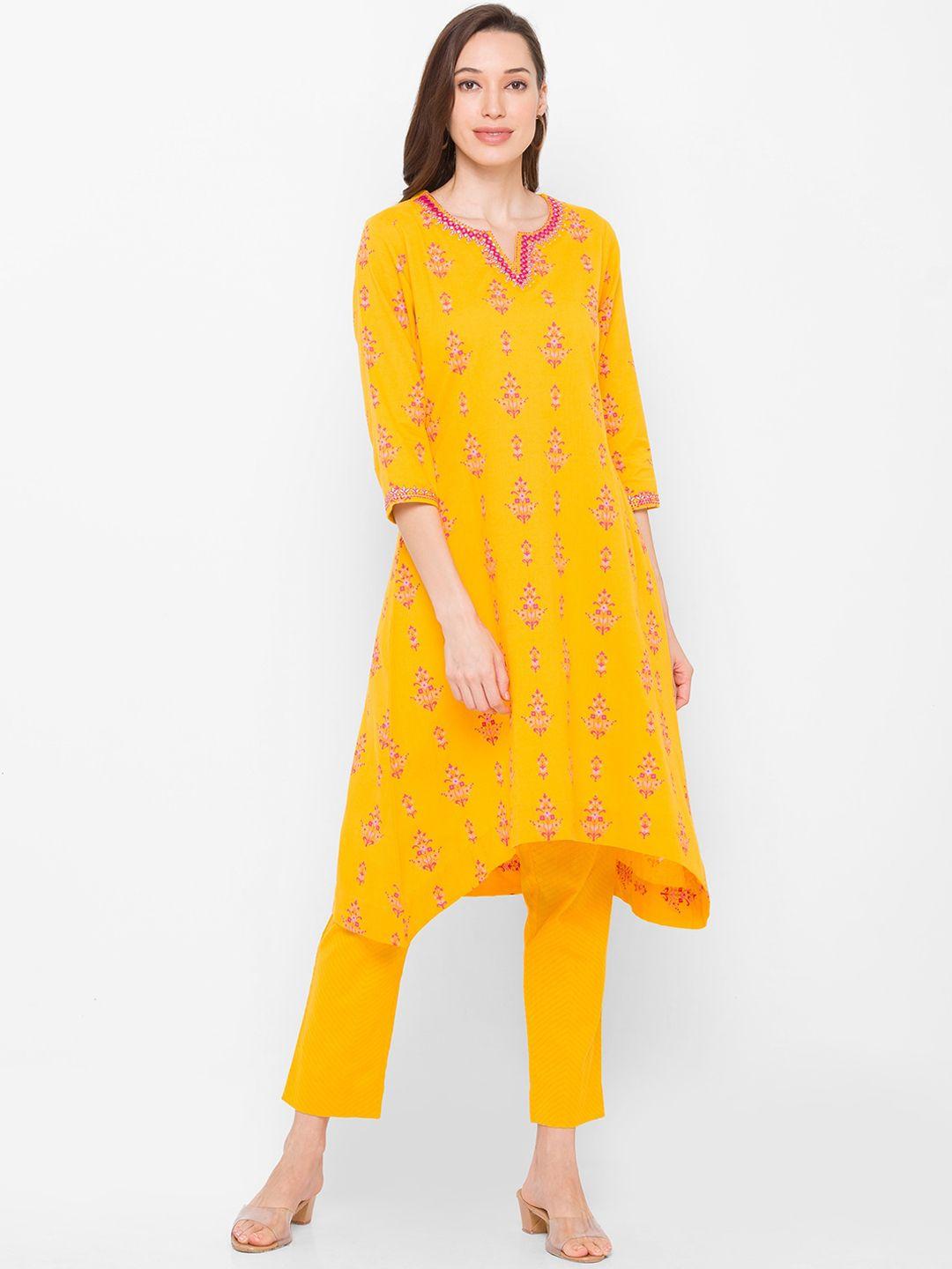 globus women yellow ethnic motifs printed pure cotton kurti with trousers