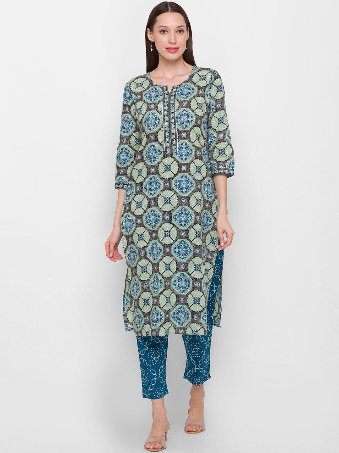 globus women blue & green ethnic motifs printed pure cotton kurti with trousers