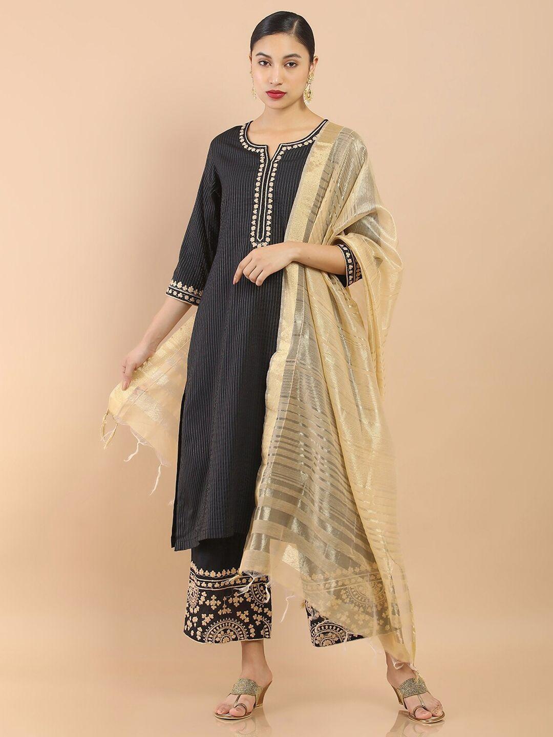 soch women black striped ethnic motifs embroidered chanderi kurta set with dupatta