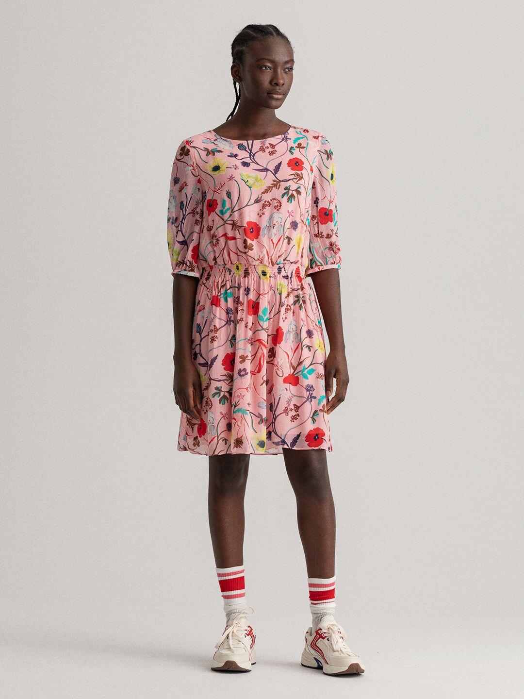 gant women pink & red floral boat neck fit & flare dress