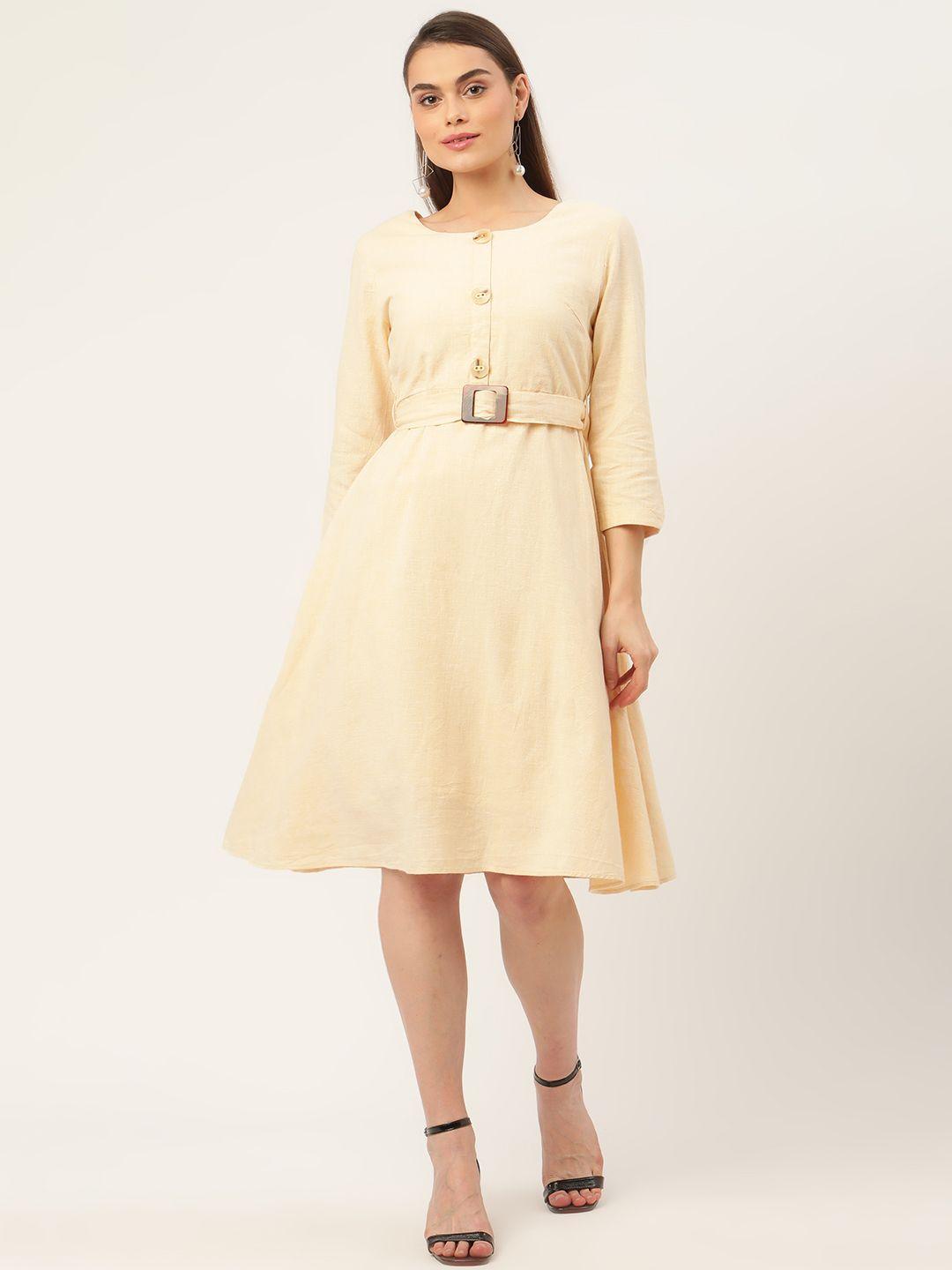 madame women beige a-line dress with a belt