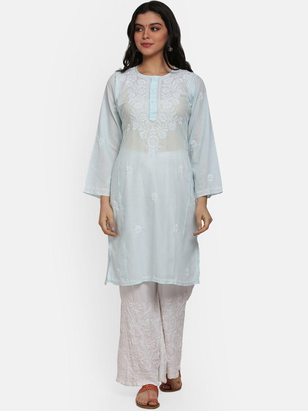 paramount chikan women blue flared sleeves kurta