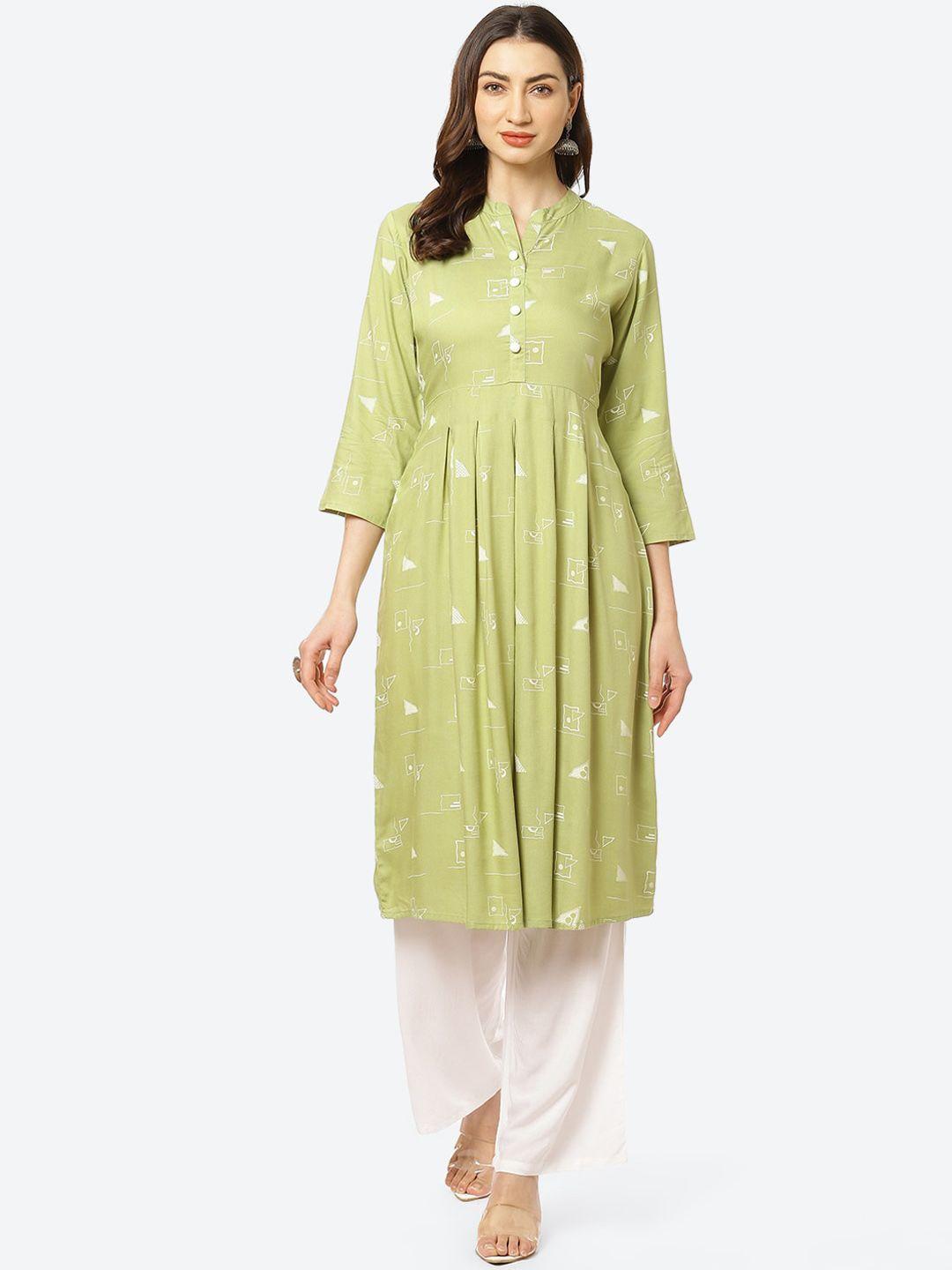 kurti's by menka women green & white printed kurta