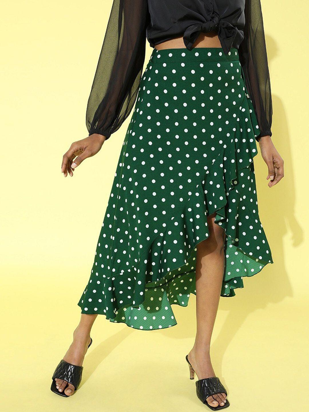 berrylush women green & white polka dots printed ruffled asymmetric tulip midi skirt