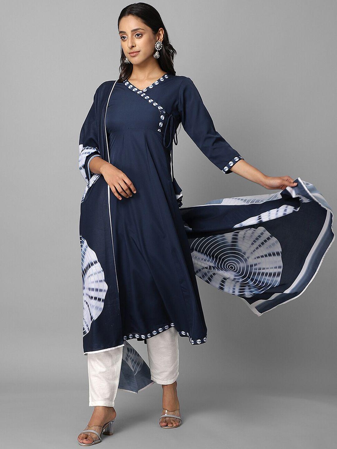 azira women blue printed anarkali kurta with dupatta