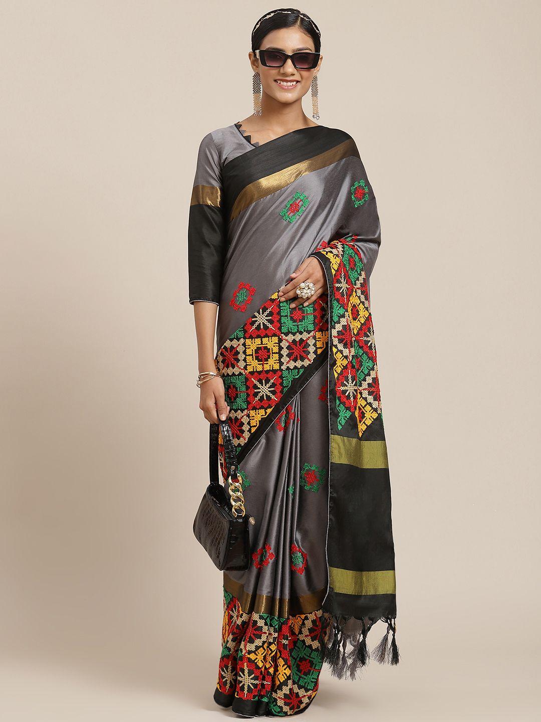 mitera grey & multicoloured ethnic motifs zari silk cotton saree