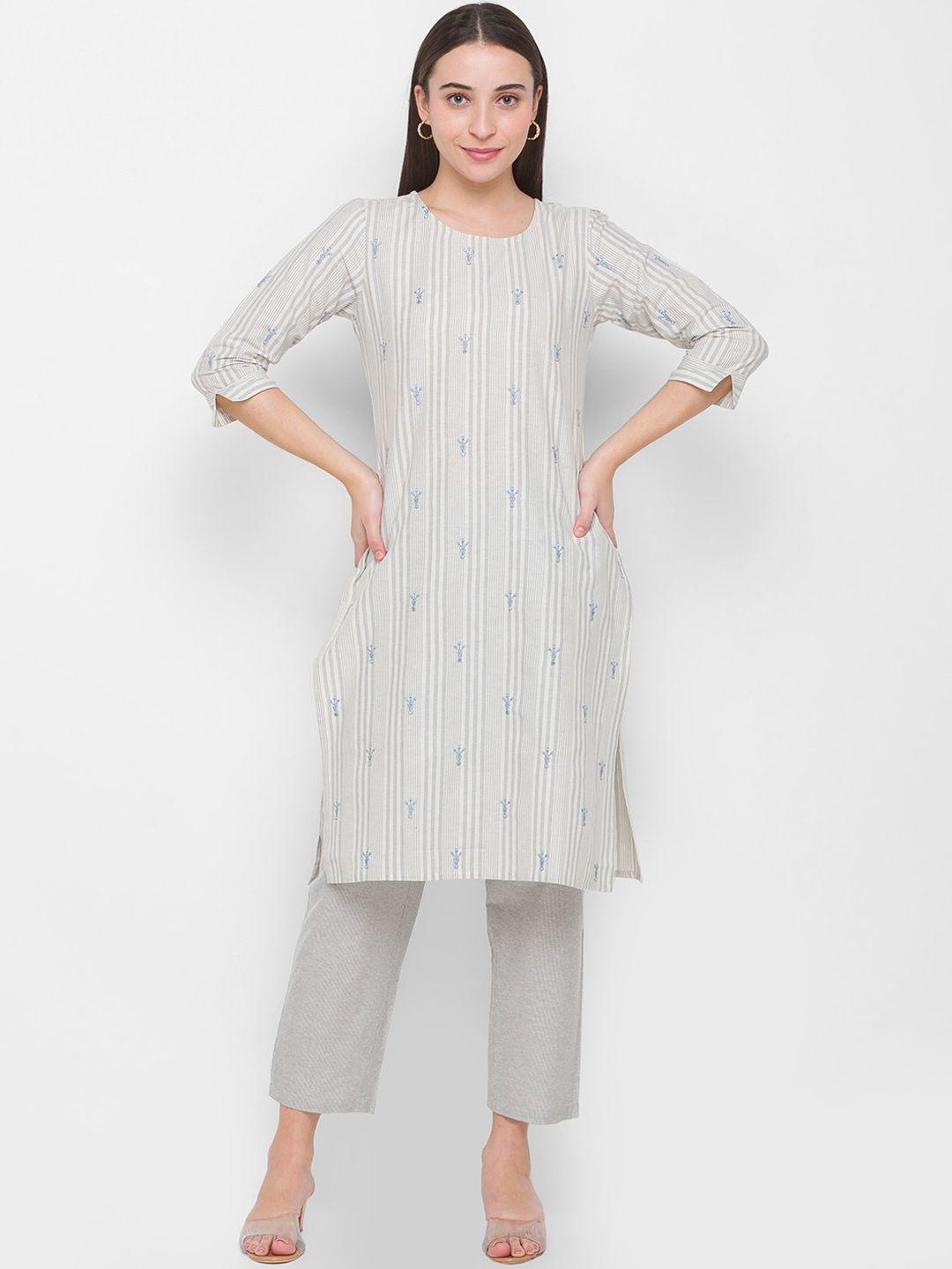 globus women grey striped regular sequinned pure cotton kurti with trousers