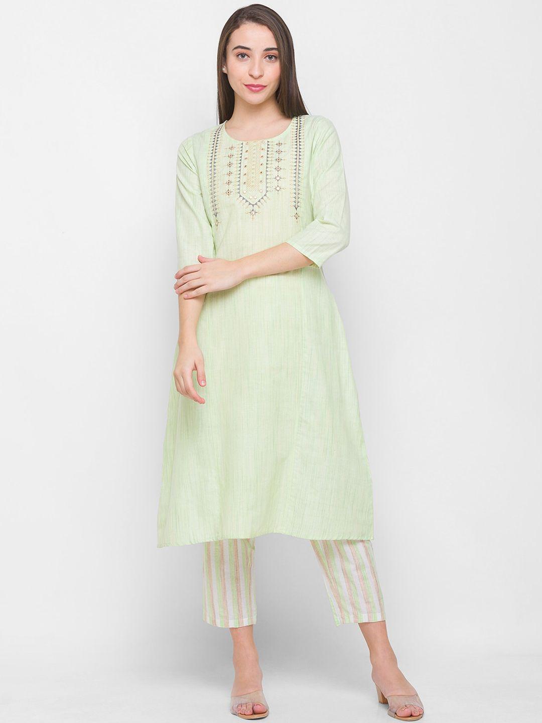 globus women green striped pleated thread work pure cotton kurti with trousers