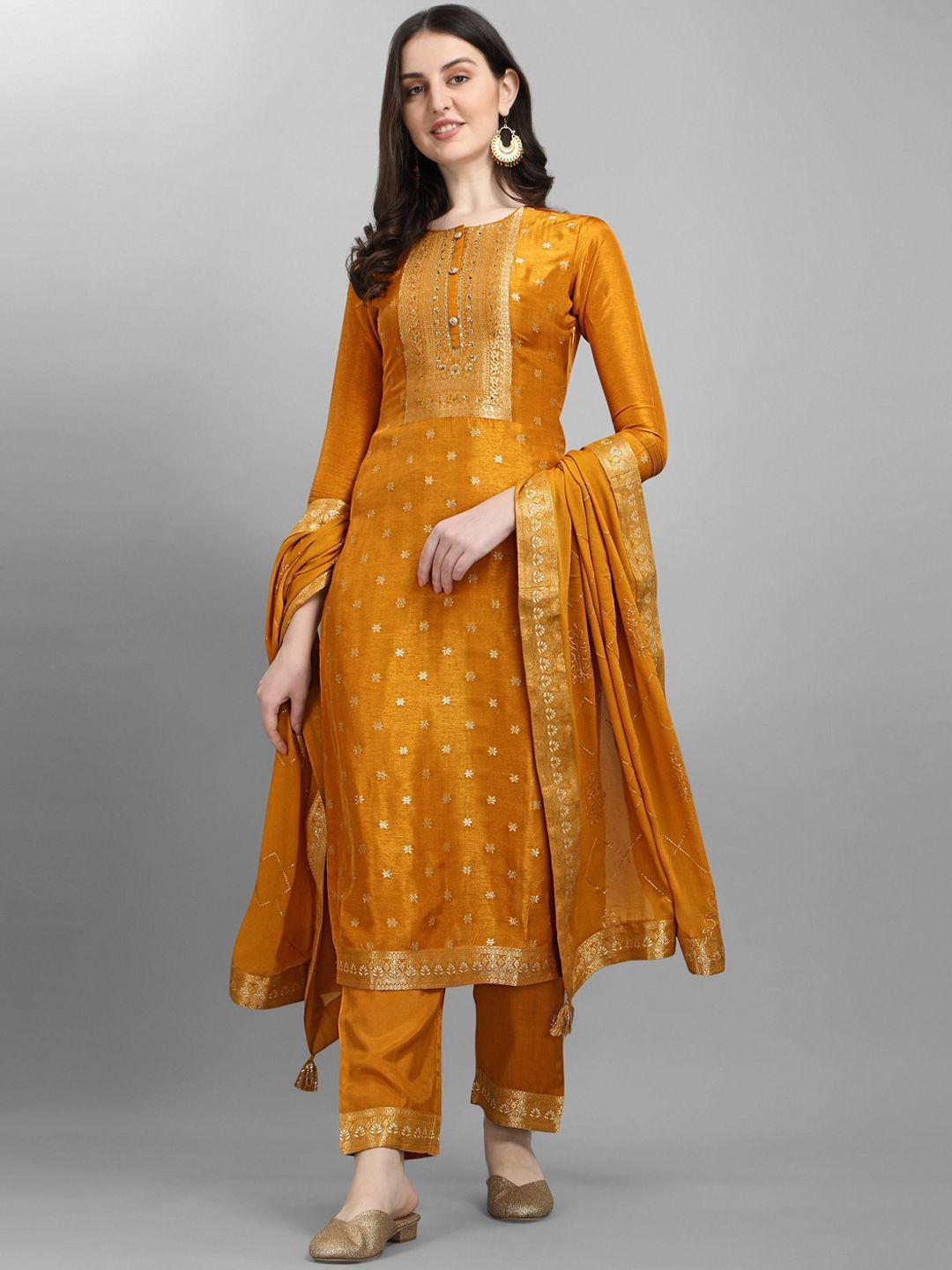 seerat women mustard yellow ethnic motifs embroidered panelled pure silk kurta with churidar & with dupatta