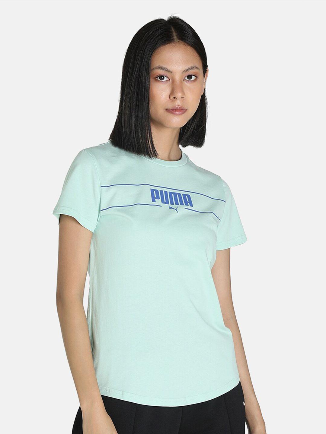 puma women green brand logo printed training or gym cotton t-shirt