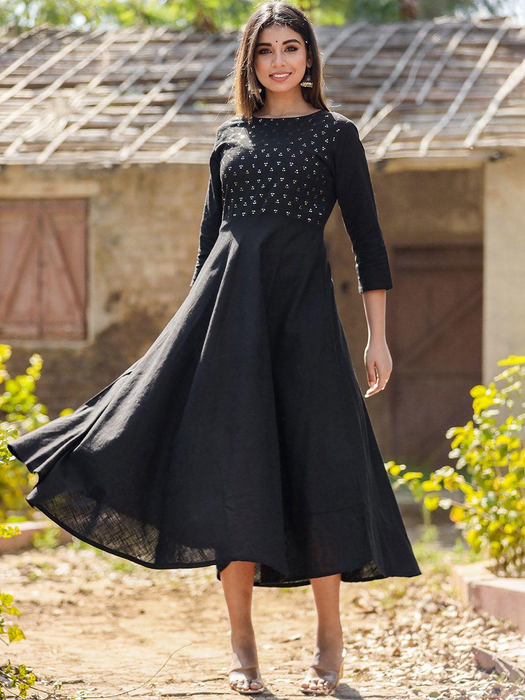 kaajh black cotton anarkali midi dress