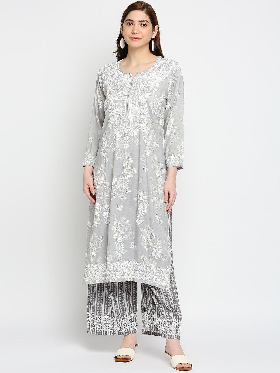 indiankala4u women grey ethnic motifs embroidered chikankari kurta with palazzos