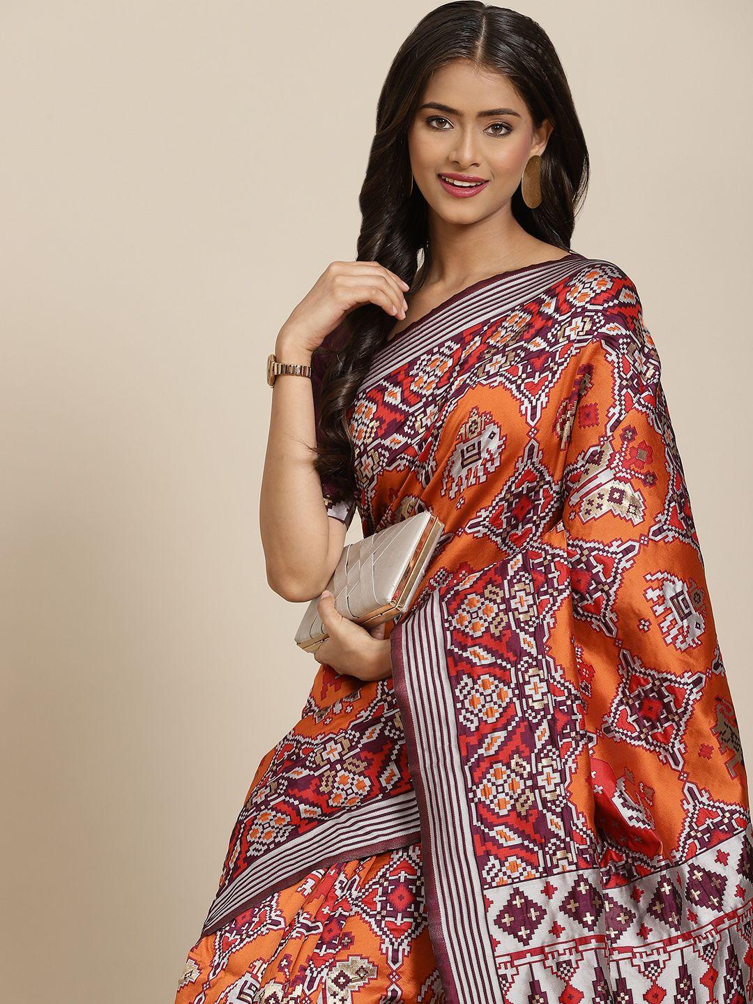 shubhvastra orange & purple ethnic motifs woven design patola saree