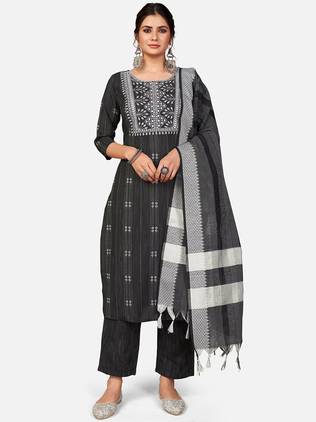 kalini women black ethnic motifs embroidered pure cotton kurti with trousers & with dupatta