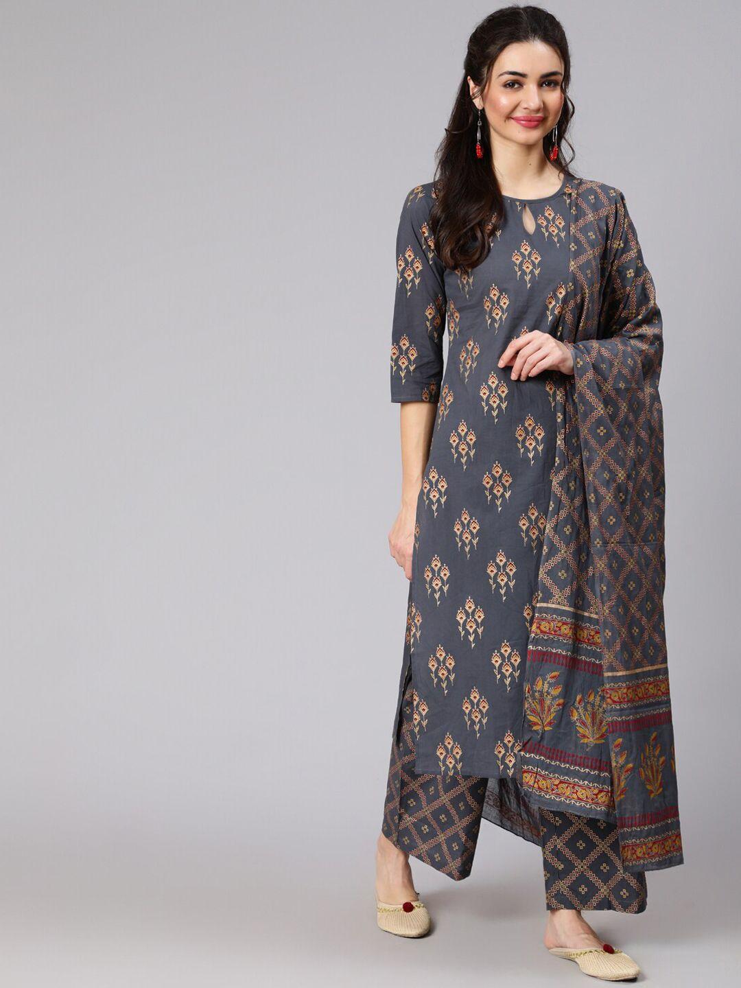 nayo women charcoal grey & gold ethnic motifs print cotton straight kurta palazzos dupatta