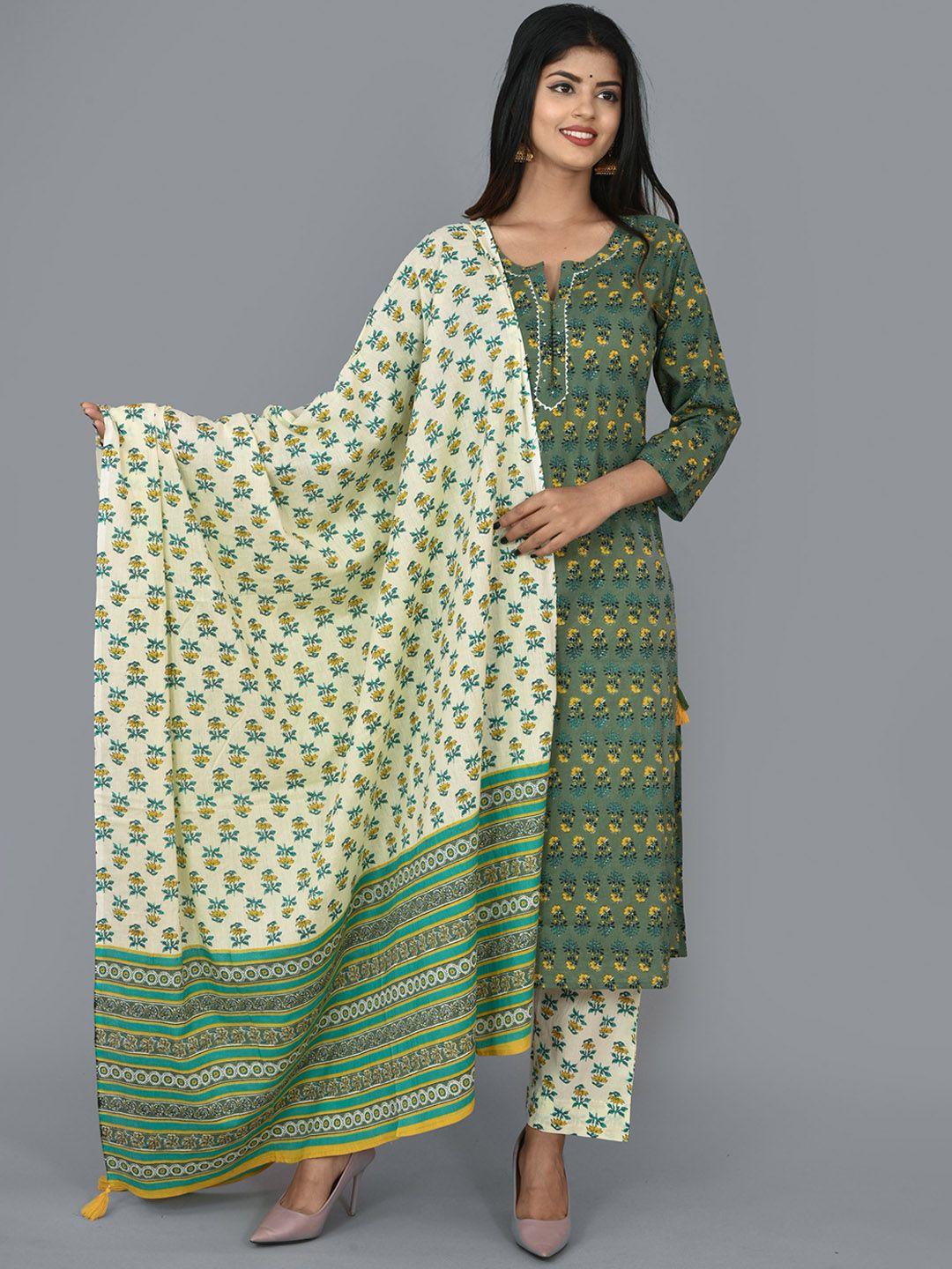 kaajh women green pure cotton printed kurta trousers & dupatta