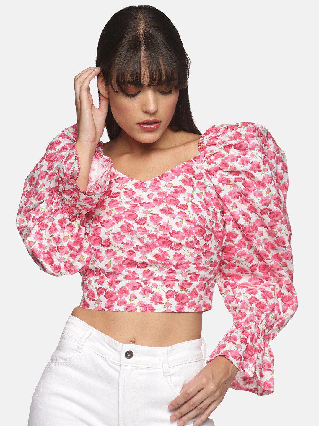 isu women white & pink floral printed cotton wrap crop top