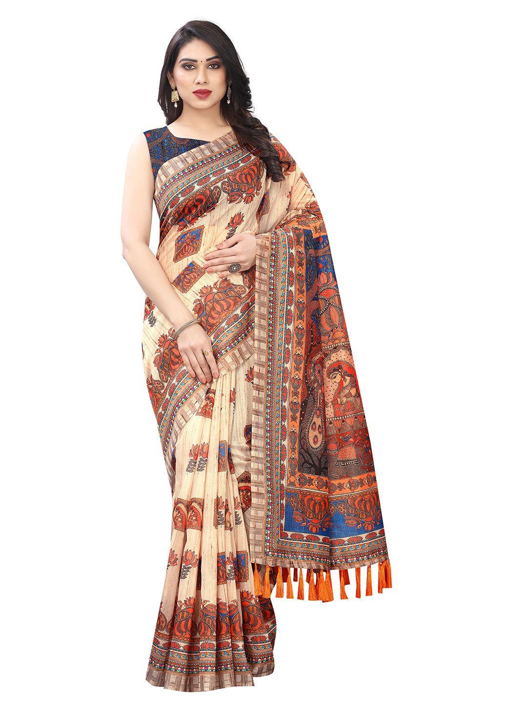 silk land beige & blue kalamkari printed ikat saree