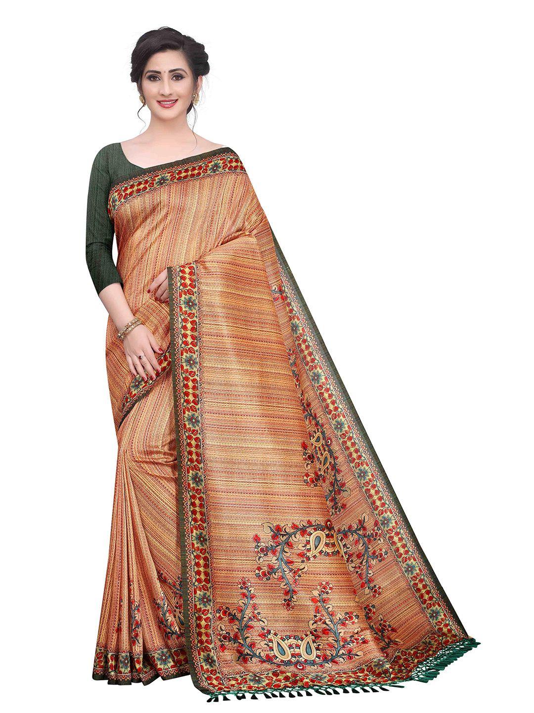 silk land green & brown kalamkari printed ikat saree